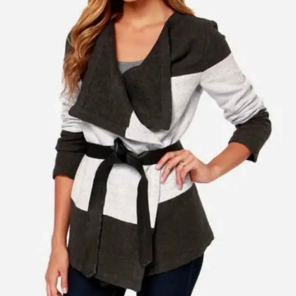 BB DAKOTA | Black Gray Belted Wrap Sweater Coat Wool Blend Katia | Medium - Picture 2 of 12